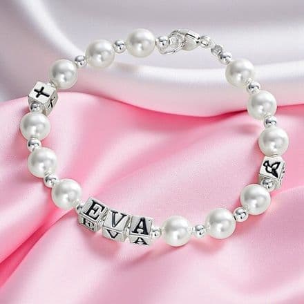 Name Bracelet Pearls and Silver Symbols