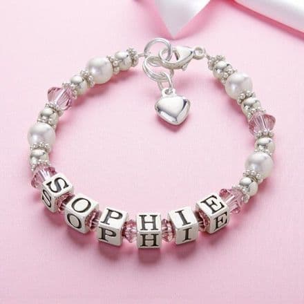 Name Bracelet Silver & Pearl. Many Charms & Colours