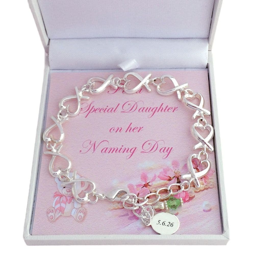 Girls Naming Day Bracelet with Engraved Tag Birthstone Jewels