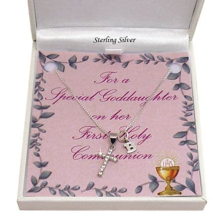 Necklace for First Holy Communion, Sterling Silver, Cross & Tiny Letter, Gift Boxed