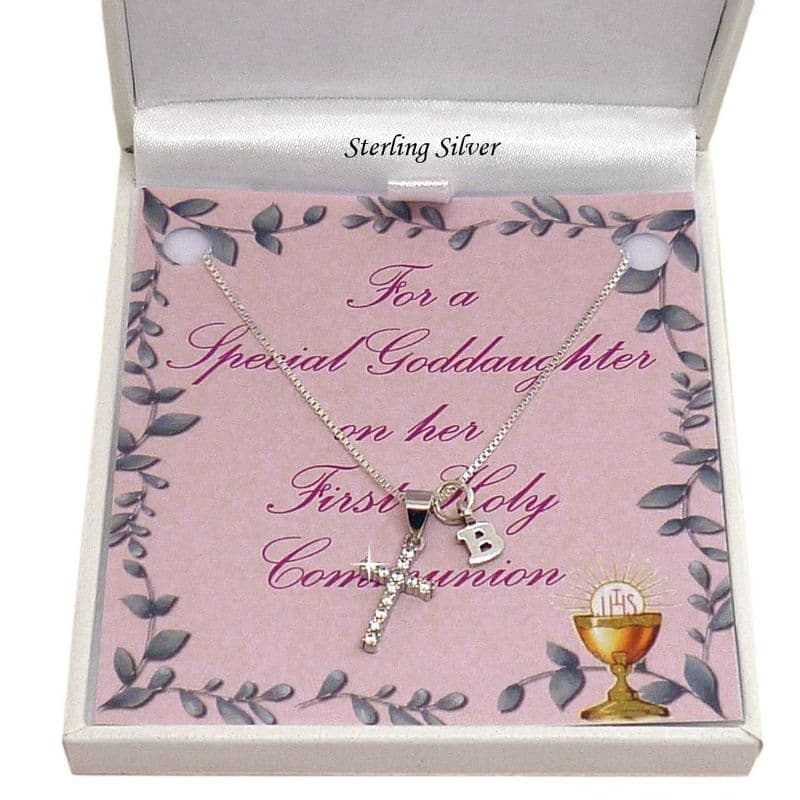 Necklace for First Holy Communion, Sterling Silver, Cross & Tiny Letter, Gift Boxed | Jewels 4 Girls