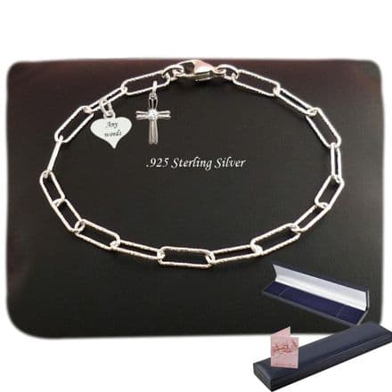 Paperclip Chain, Sterling Silver Bracelet with Cross and Letter Charm