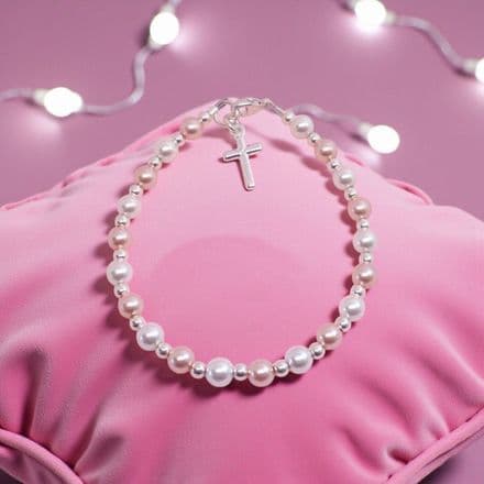 Pearl & Silver Cross Baptism Bracelet