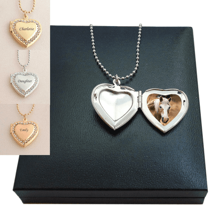 Permanent Horse Photo Locket with Engraving on the Front.