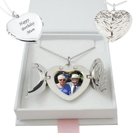 Permanent Photo Heart Locket, Angel Wings and Engraving