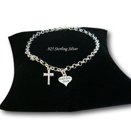 Personalised .925 Sterling Silver Bracelet with Cross & Engraved Tag