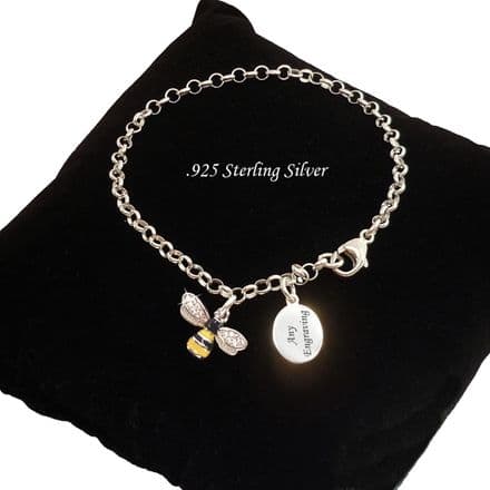 Personalised, .925 Sterling Silver Chain Bracelet with Bee Charm