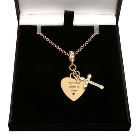 Personalised, 18k Gold Plated Engraved Heart and Cross Necklace