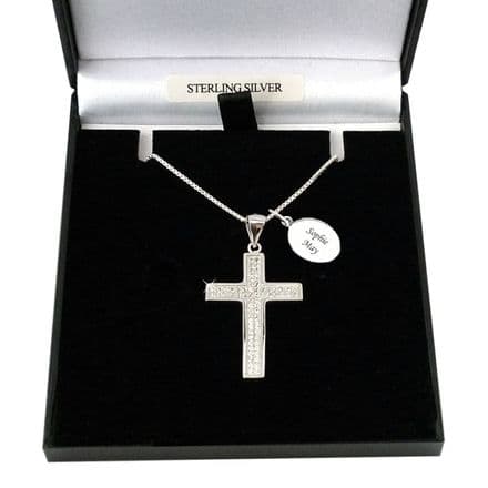 Personalised 925 Silver Cross with Cubic Zirconia on Silver Box Chain