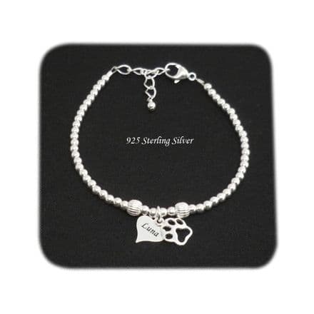Personalised Bracelet, 925 Sterling Silver, Any Pet Name Engraved on Heart with Paw Charm
