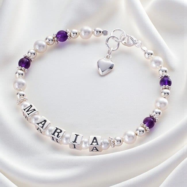 Name Bracelet Pearl and Amethyst Jewels Girls