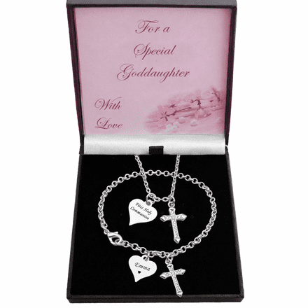 Personalised Cross Necklace & Bracelet Set with Engraving, Crystal Stainless Steel Jewellery