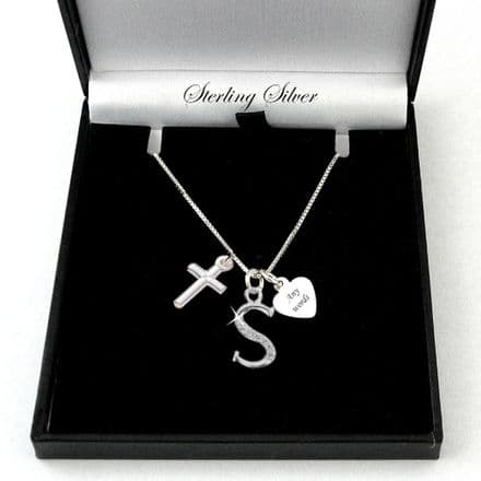 Personalised Cross Necklace, Engraving, & Letter Charm, .925 Silver