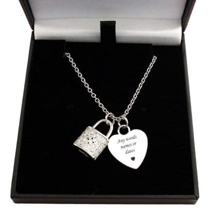Personalised, Engraved Heart Necklace with Padlock, Women and Girls