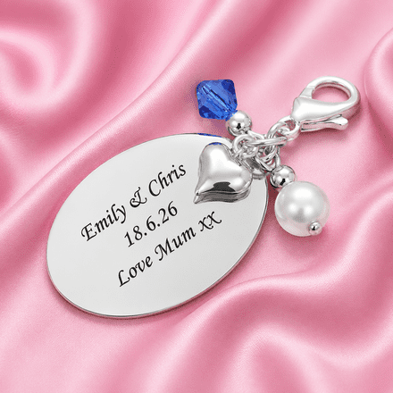 Personalised Engraved  Oval Charm, Crystal and Heart
