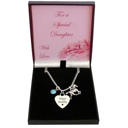 Personalised Girls Birthstone and Horse Necklace with Engraving