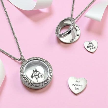 Personalised Glass Locket with Horse and Words Engraved