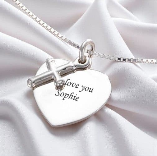 Personalised Heart and cross Necklace in Sterling Silver | Jewels 4 Girls
