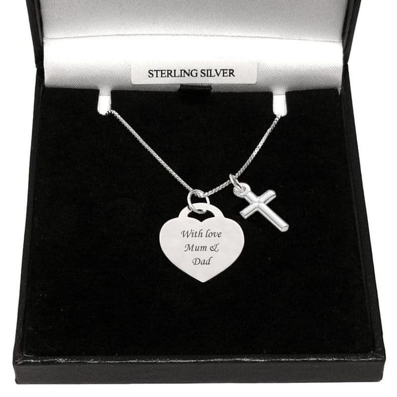 Personalised Heart Necklace with Cross, Sterling Silver | Jewels 4 Girls