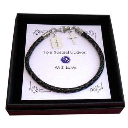 Personalised Leather Bracelet with Cross and Engraving in Presentation Gift Box