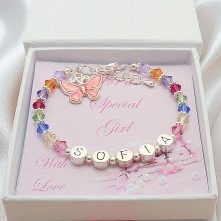 Personalised Name Bracelet for Girls, Multicoloured Rainbow Crystals