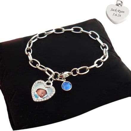 Personalised, Photo Bracelet with Birthstone Channel and Engraving