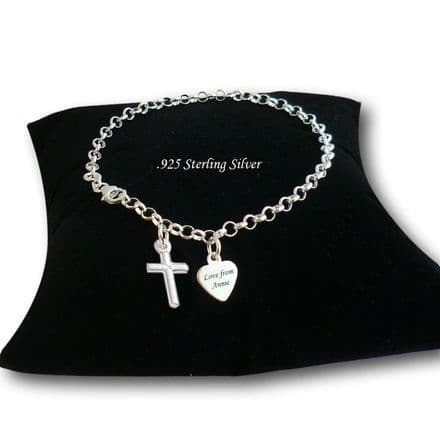 Personalised, Silver Bracelet with Cross Charm, Engraved