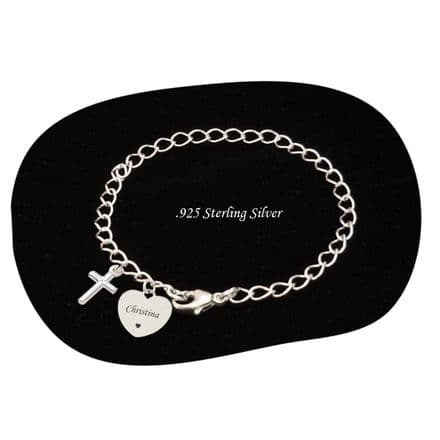 Personalised, Silver Heart Bracelet with Cross Charm, Engraved