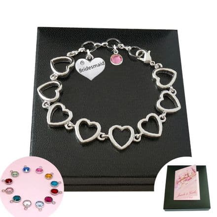 Personalised Silver Hearts Bracelet for Bridesmaids with Birthstone for Women or Girls