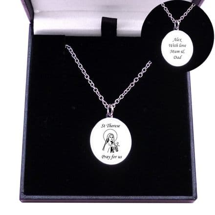 Personalised St Thérèse Necklace. Engraved Gift for Boy, Man, Woman