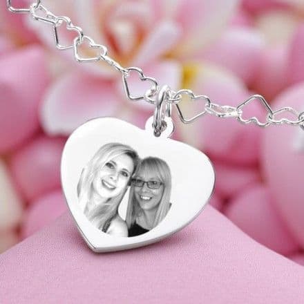 Photo Necklace, 925 Silver, Any Photo Engraved on Heart Pendant, on Hearts Chain