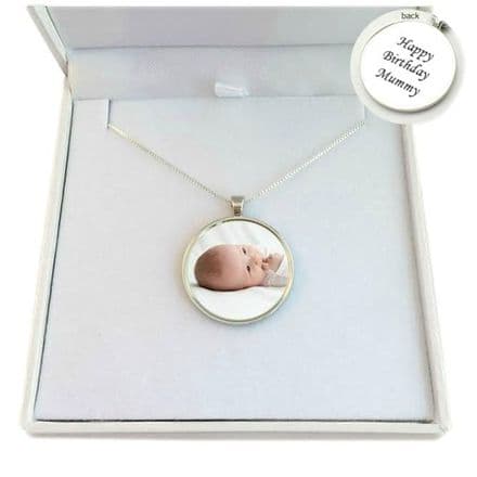 Photo Necklace with Round Pendant, Sterling Silver Chain