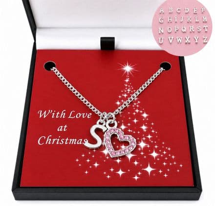 Pink Crystal Heart with Initial Necklace for Christmas