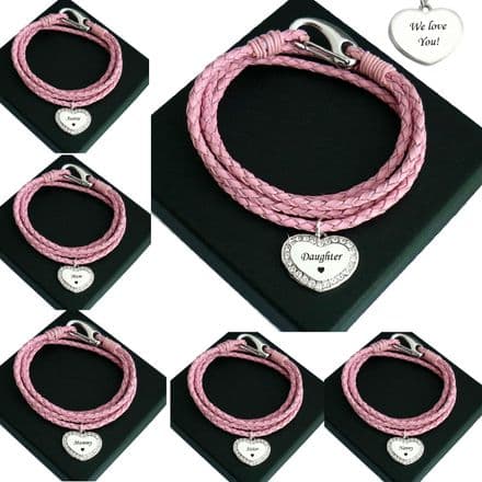 Pink Leather Bracelet for Women with Engraved Charm
