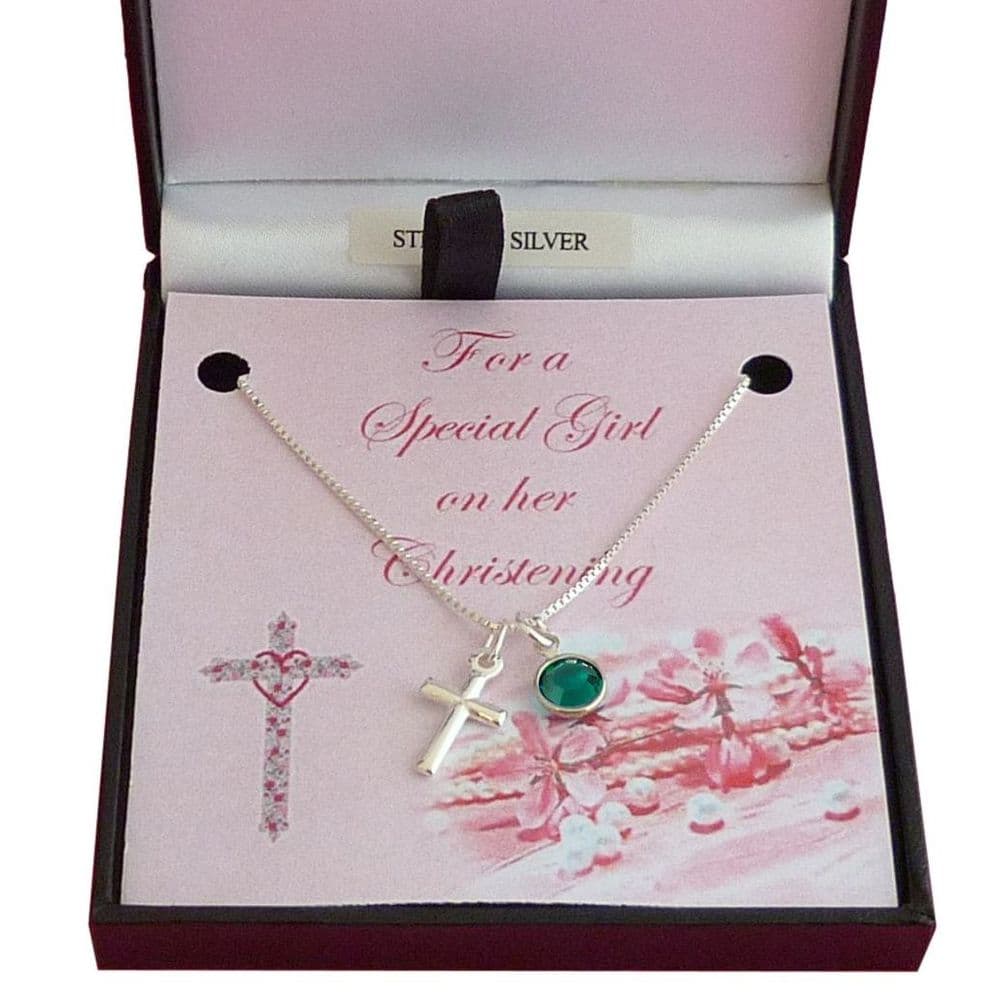 Pretty Birthstone and Cross Necklace for Girl's Christening Jewels 4 Girls