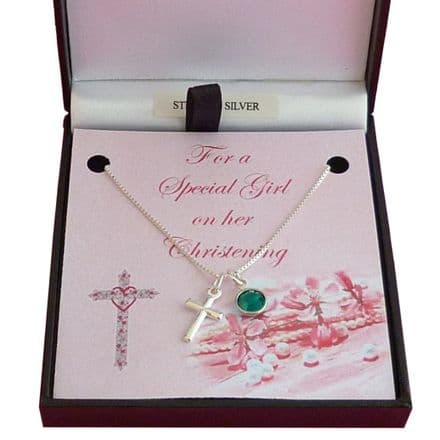 Pretty Birthstone and Cross Necklace for Girl's Christening