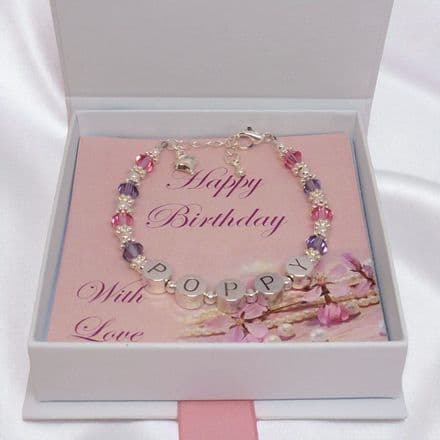 Pretty Name Bracelet for a Girl with Pink and Purple Crystals