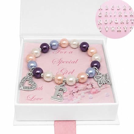 Pretty Pearl Bracelet, Gift for a Girl, Letter, Heart, Butterfly Charms