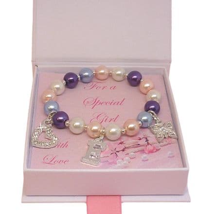 Pretty Pearl Bracelet, Gift for a Girl, Letter, Heart, Butterfly Charms