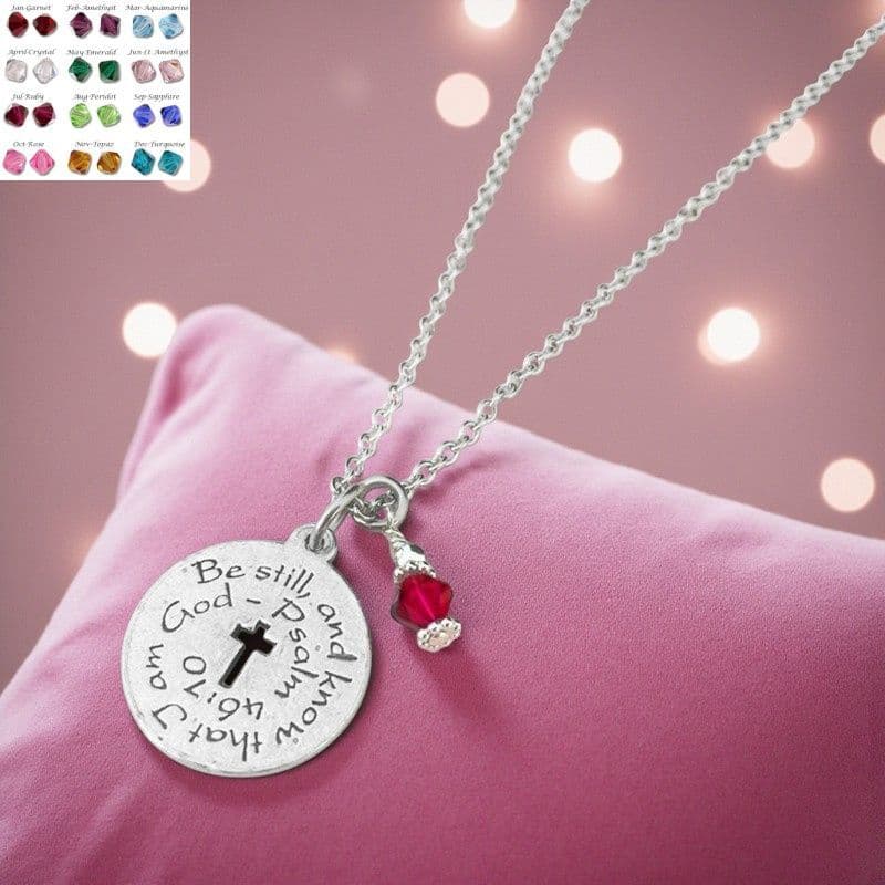 Psalm 46 v10 Necklace with Birthstone charm | Jewels 4 Girls