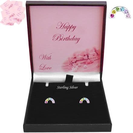 Rainbow Crystals, Stud Earrings, 925 Silver, Gift Box for Niece, Daughter, Bridesmaid...