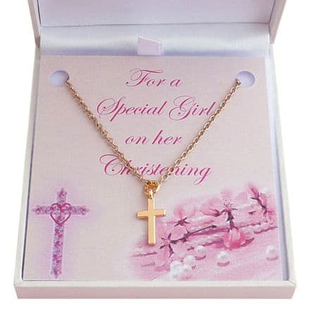 Rose Gold Christening Necklace with Cross & Card Choice