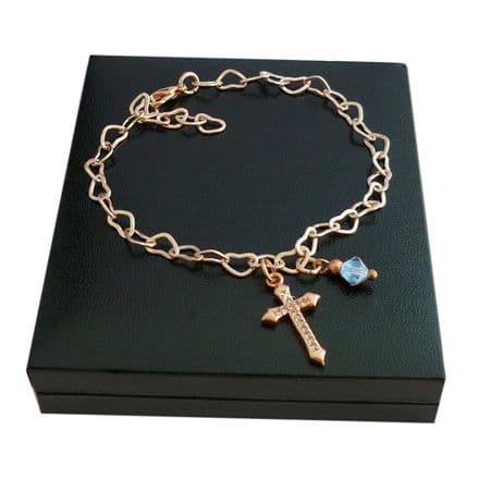 Rose Gold Cross and Birthstone Heart Link Bracelet for Women and Girls
