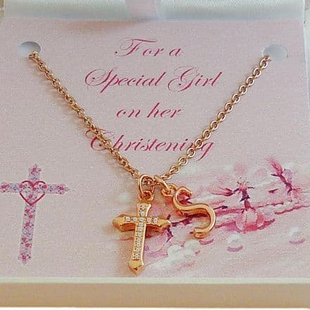 Rose Gold, Girls Christening Necklace, Any Letter, Initial and Cross, Gift for Girl