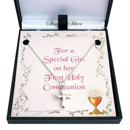 Rounded Cross First Holy Communion Necklace, Sterling Silver