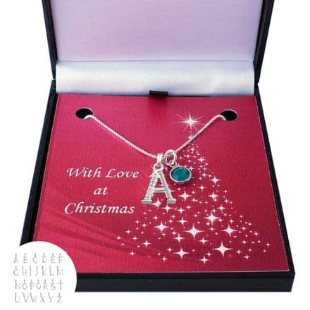 Silver and CZ Letter Necklace with Birthstone in Christmas Box
