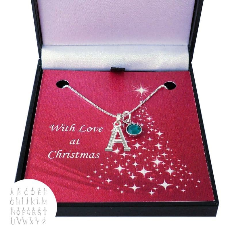Silver and CZ Letter Necklace with Birthstone in Christmas Box | Jewels 4 Girls