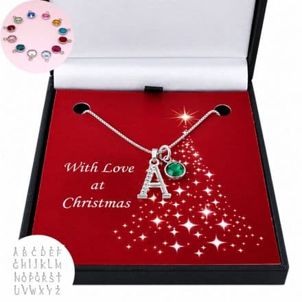 Silver and CZ Letter Necklace with Birthstone in Christmas Box