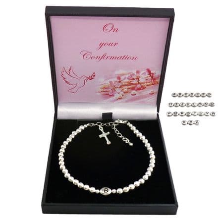 Silver Beads Bracelet with Letter Bead and Cross Charm, Confirmation Gift