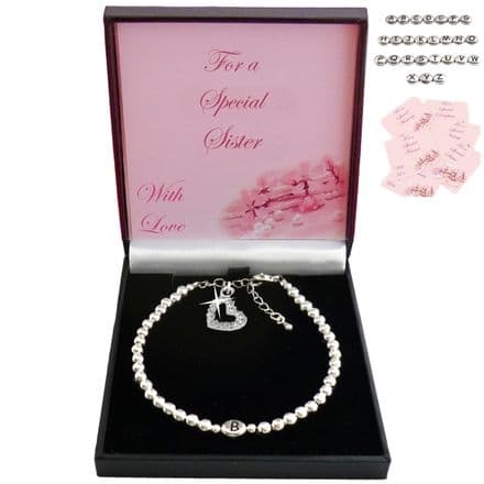Silver Beads Bracelet with Letter Bead  and Heart Charm, Gift for a Girl